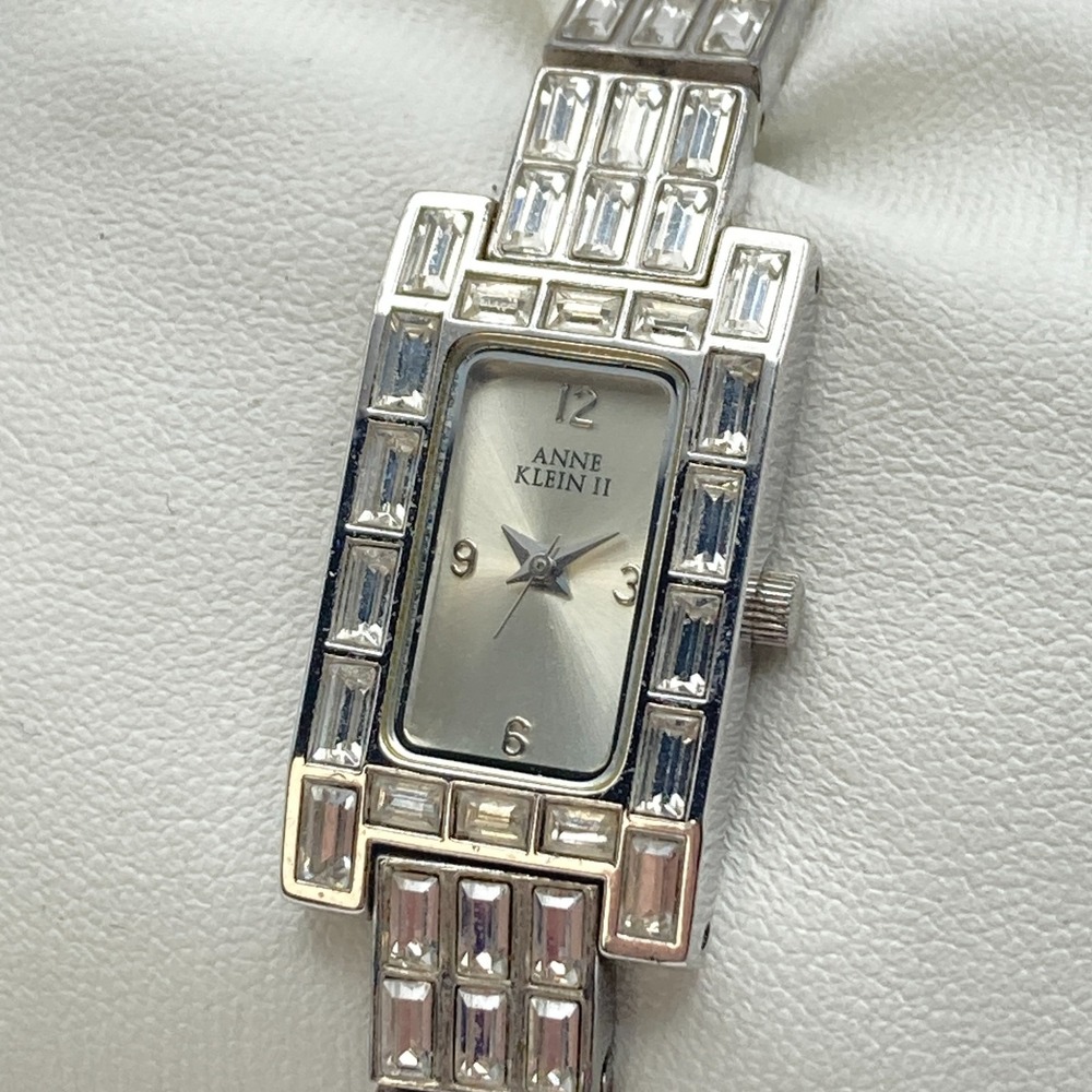 Vtg Anne Klein II Women's Tank Watch Silver Tone Crystals New Battery SMALL 6"